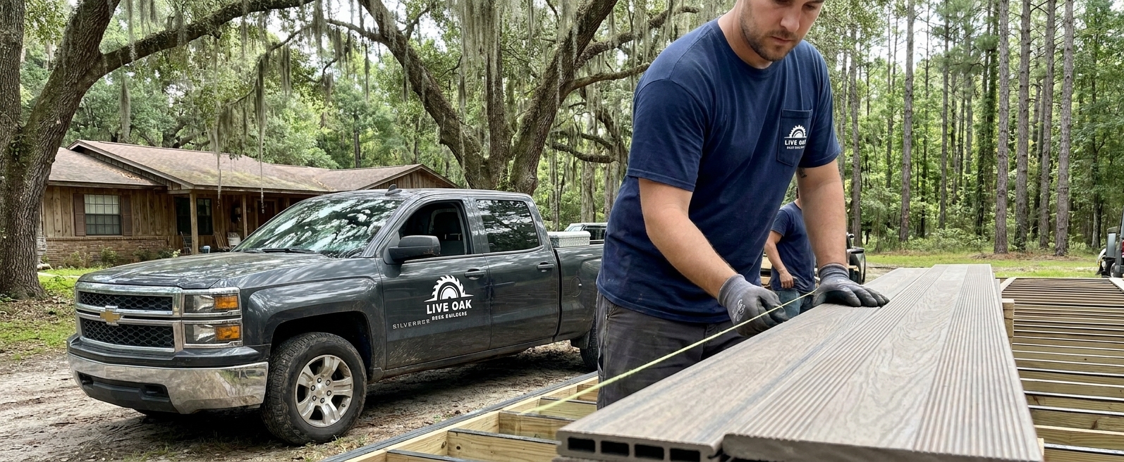 Live Oak Deck Builders branded work truck at a job site