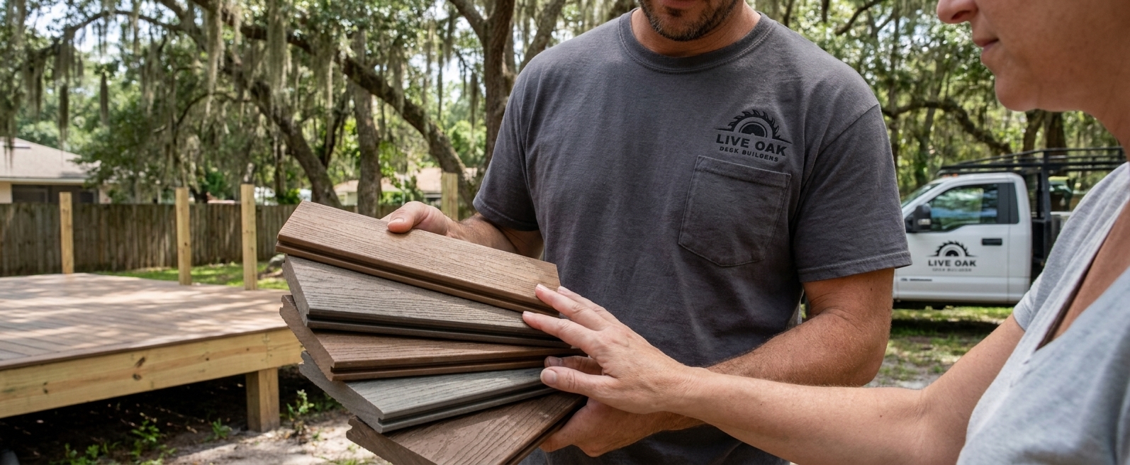 Live Oak Deck Builders contractor showing composite decking samples