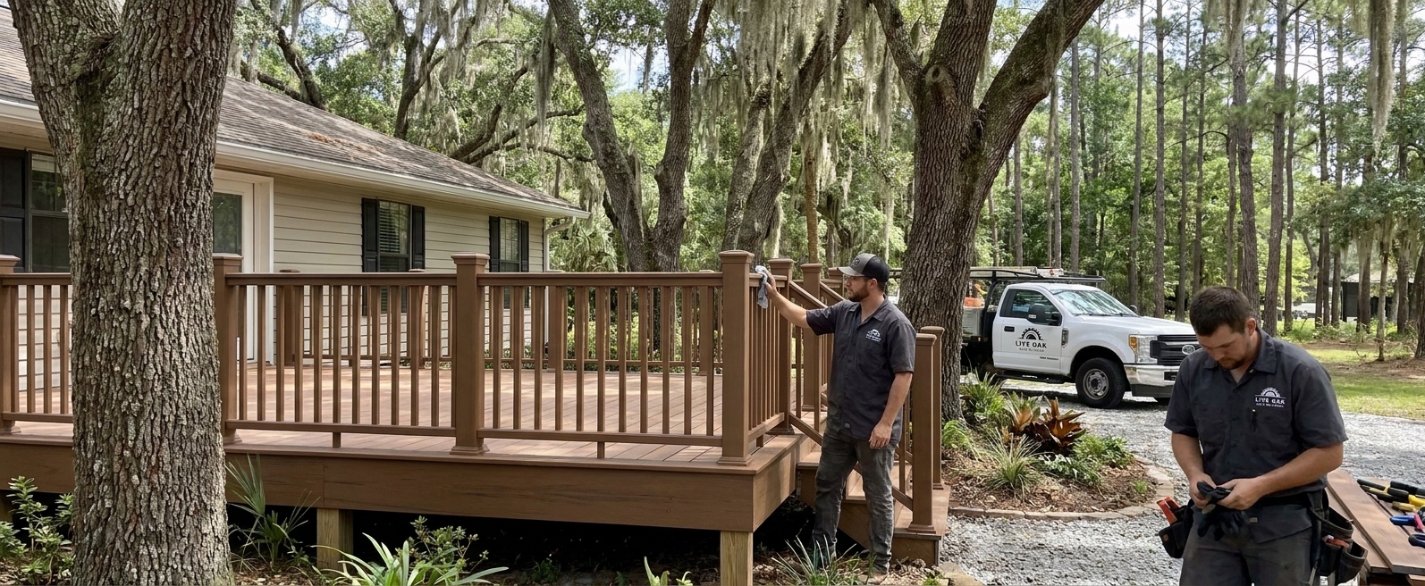 Live Oak Deck Builders composite Trex deck with railing