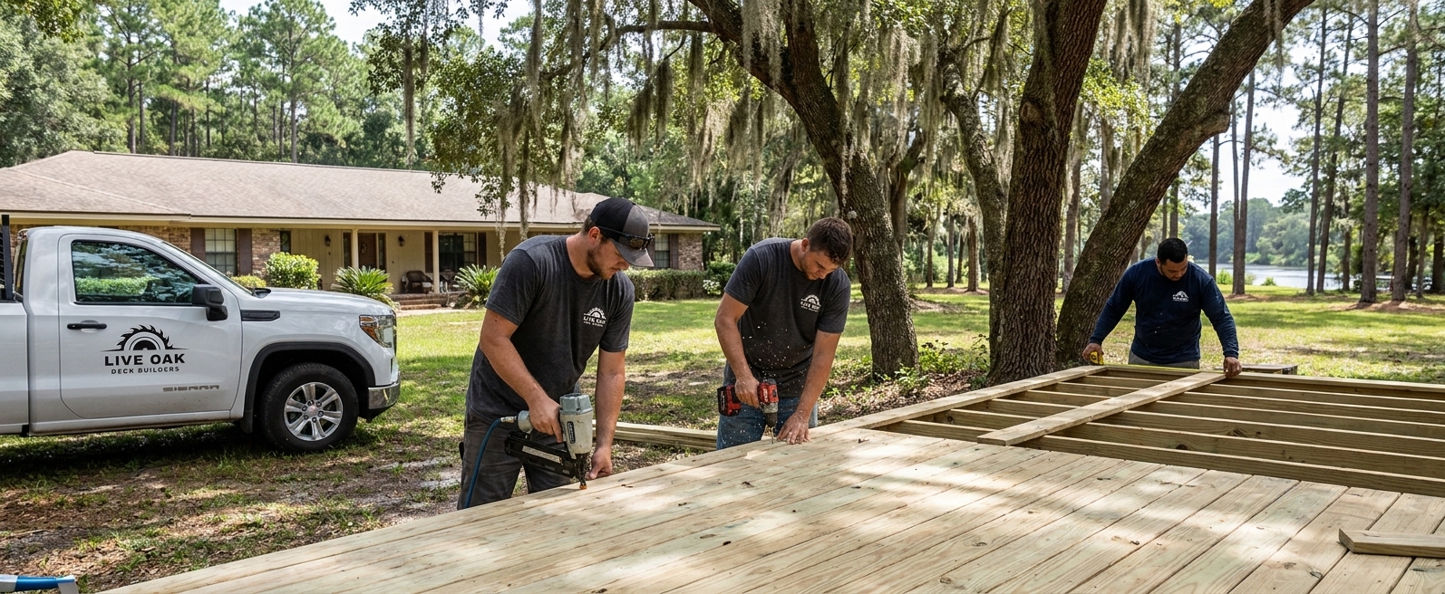 Live Oak Deck Builders crew building a custom pressure-treated wood deck