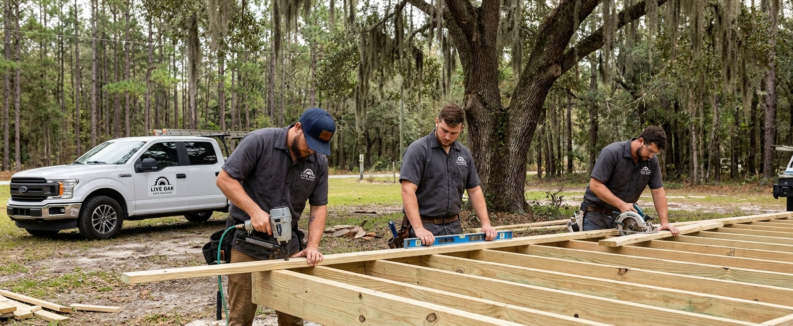 Live Oak Deck Builders crew building a deck frame