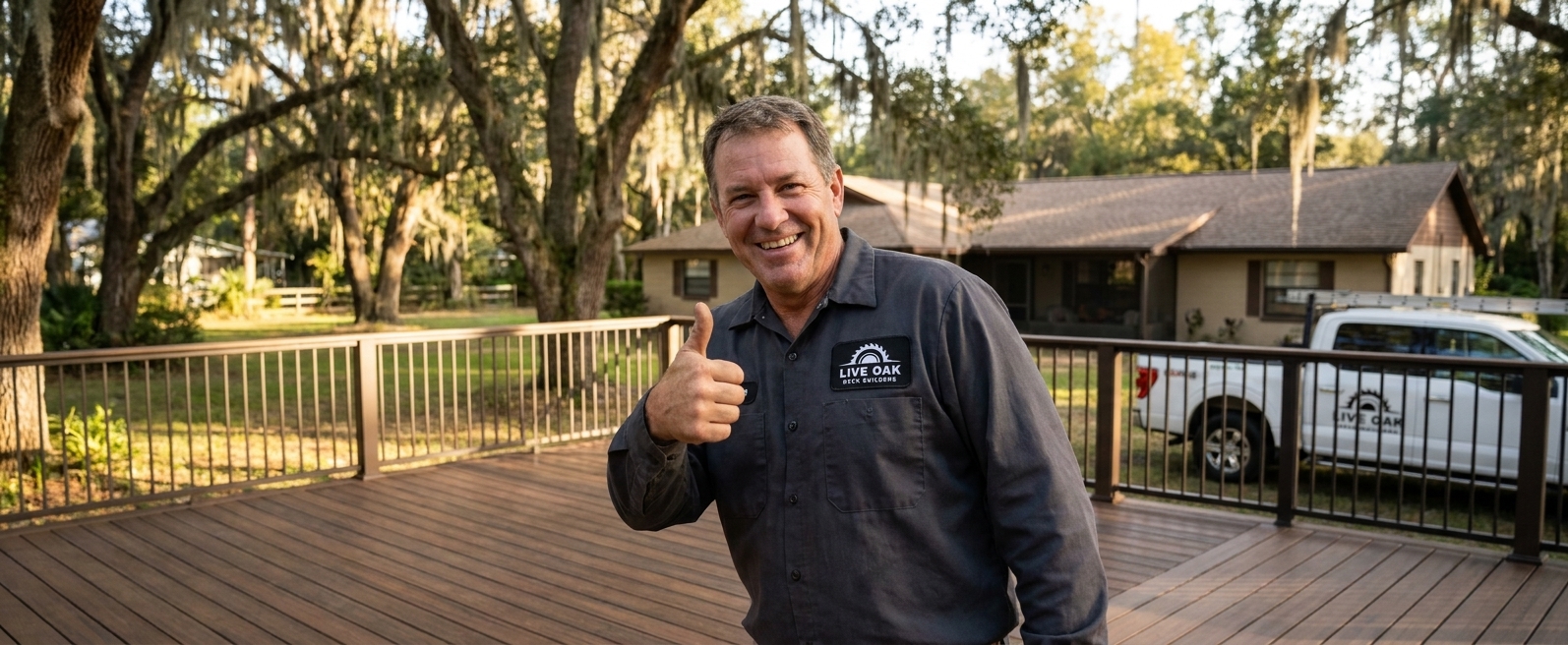 Live Oak Deck Builders contractor giving a thumbs up on a finished composite deck