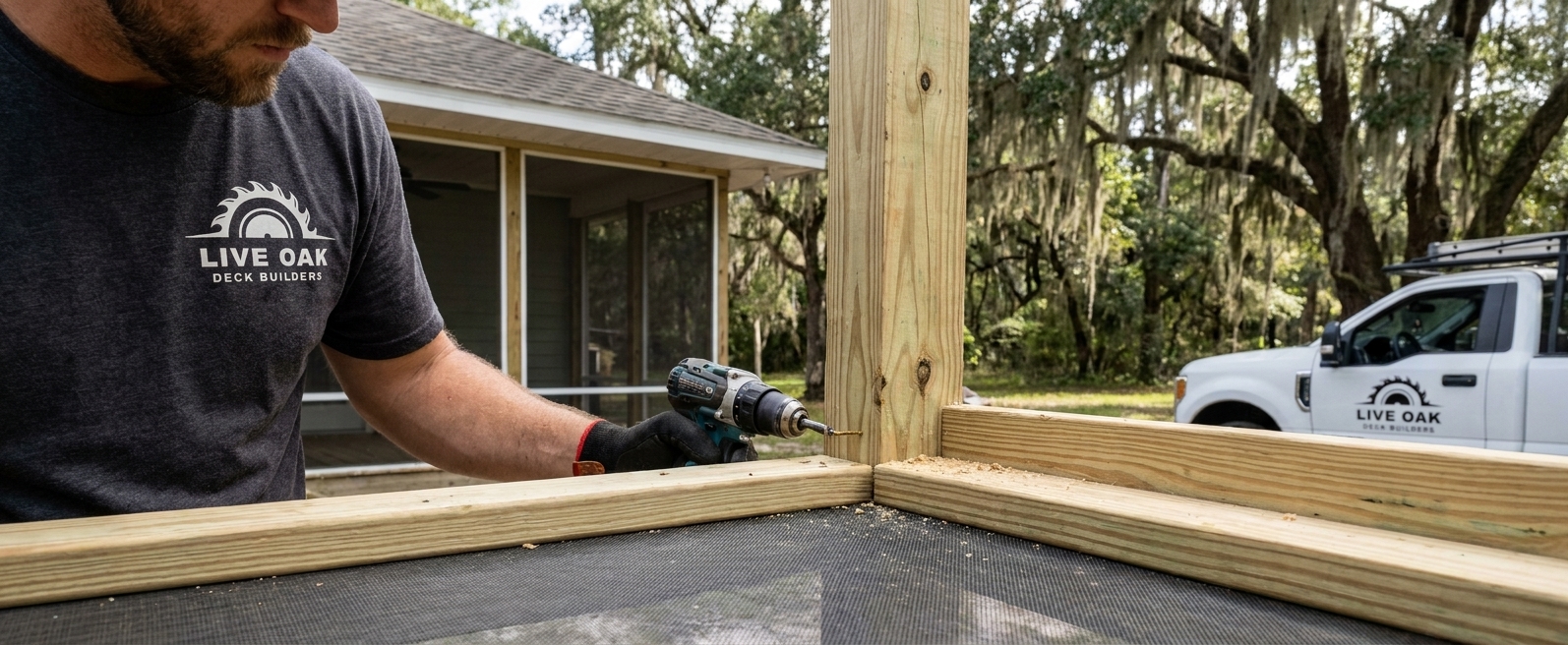 Screened deck enclosure detail built by Live Oak Deck Builders